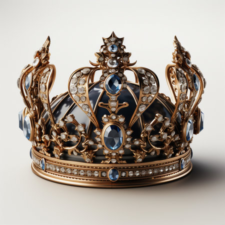 A close-up, studio shot of an opulent golden crown adorned with numerous diamonds and large blue gemstones, resting on a white background.の素材