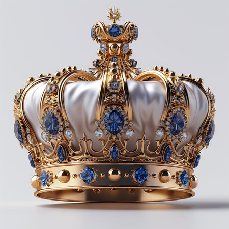 A lavishly decorated golden crown, adorned with brilliant blue gemstones and intricate details, presented on a clean white background.の素材