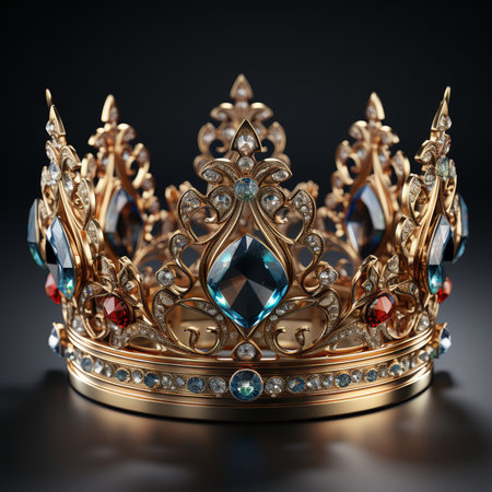 A luxurious, ornate gold crown adorned with dazzling blue and red gemstones and intricate detailing, set against a dark background.の素材