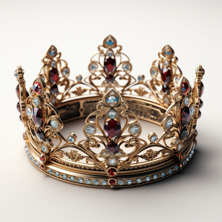 A regal, ornate gold crown adorned with deep red rubies and sparkling diamonds on a clean white background.の素材