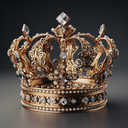 A close-up view of an intricately designed, opulent golden crown encrusted with numerous sparkling diamonds and gemstones, set against a dark background.の素材