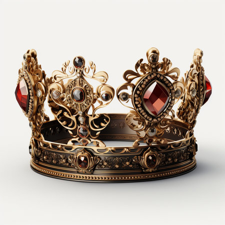 A detailed, ornate golden crown adorned with large red gemstones and smaller sparkling diamonds, set against a clean white background.の素材