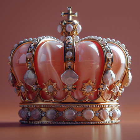 A close-up view of a luxurious, ornate golden crown, intricately decorated with lustrous pearls and sparkling gemstones, showcasing royal regalia.の素材