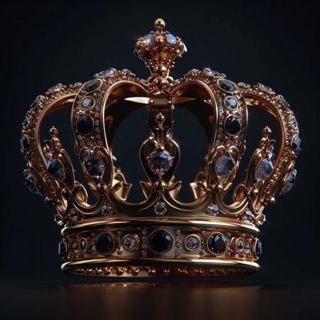 A detailed, ornate golden crown adorned with sparkling black and white gemstones, set against a dark, reflective background.の素材