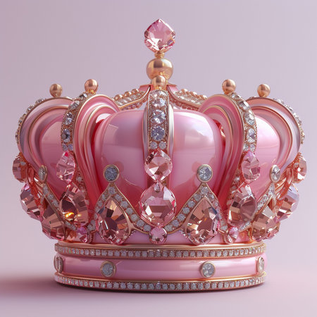 A luxurious pink crown adorned with sparkling diamonds and elegant gold details, set against a soft pink background.の素材