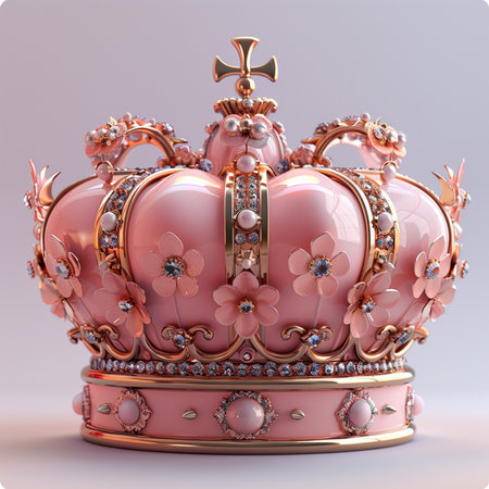 A delicate pink crown adorned with intricate gold filigree, sparkling jewels, and pearl-like embellishments, featuring floral motifs.の素材