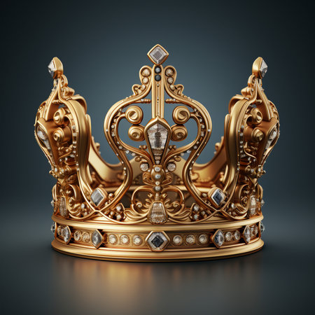 A luxurious golden crown adorned with numerous sparkling diamonds, presented on a dark background. Intricate royal headwear.の素材