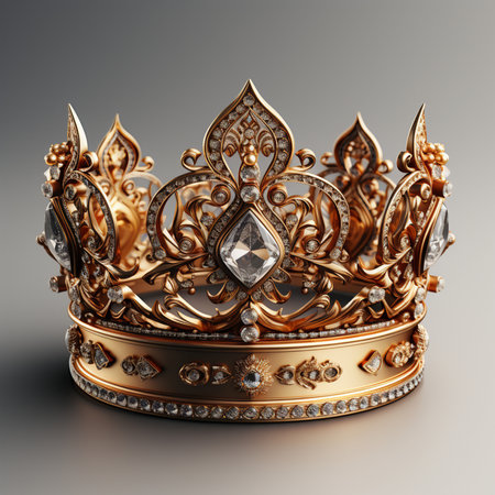 A luxurious and ornate golden crown adorned with numerous sparkling diamonds, symbolizing royalty and prestige. Detailed craftsmanship highlights its regal appeal.の素材