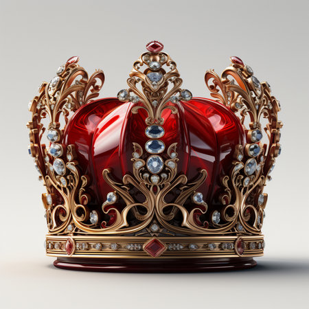 Luxurious royal crown adorned with deep red gemstones and intricate gold filigree. A symbol of power, wealth, and majesty.の素材