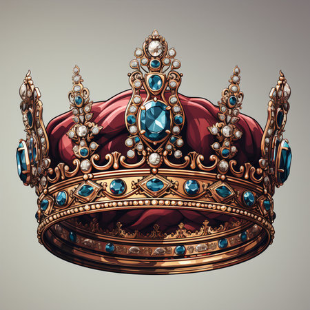 An opulent, jewel-encrusted royal crown featuring deep red velvet, sparkling blue gemstones, and intricate gold detailing. A symbol of power and luxury.の素材
