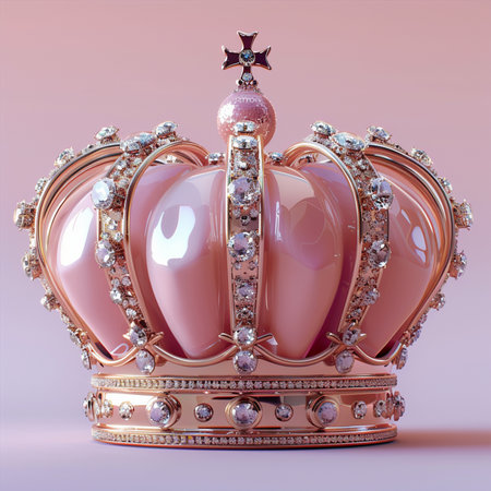 A luxurious pink crown embellished with sparkling diamonds and iridescent pearls, set against a soft pink background.の素材