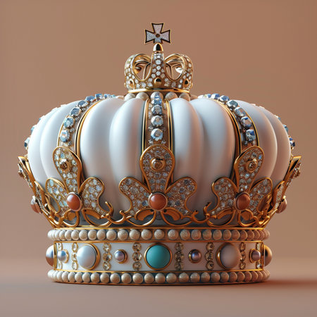 An exquisitely crafted royal crown featuring intricate gold detailing, sparkling diamonds, and colorful gemstones on a soft, neutral background.の素材