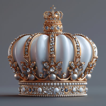 Crown with diamonds isolated on gray background. 3D rendering.の素材