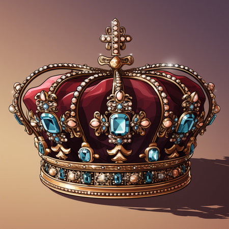 A richly detailed, ornate royal crown featuring deep red fabric, gold embellishments, sparkling blue gemstones, and pearls.の素材
