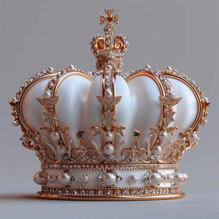 A detailed royal crown crafted from white material and adorned with gold, pearls, and sparkling diamonds, symbolizing luxury and regality.の素材