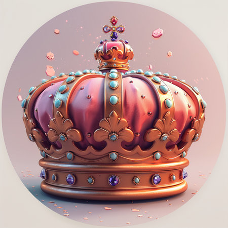 A highly detailed, ornate royal crown adorned with numerous jewels, set against a soft pink, speckled background. Regal and luxurious design.の素材
