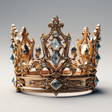 3D rendering of a golden crown with jewels on a gray backgroundの素材