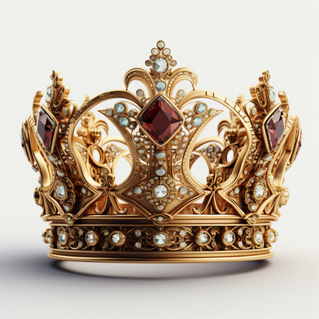 Crown with jewels isolated on white background. 3D rendering.の素材