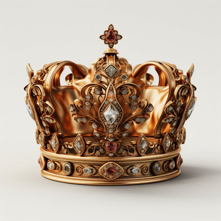 3d rendering golden crown with gems on a white background with shadowの素材
