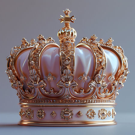 3D rendering of a royal golden crown isolated on grey background.の素材