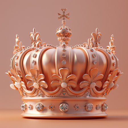 3D rendering of a golden royal crown on a pink background.の素材
