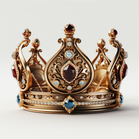 Crown with precious stones on a white background. 3d renderingの素材
