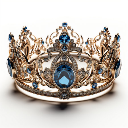 Jewelry crown with blue sapphire and diamonds on white backgroundの素材