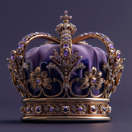 A lavishly decorated golden crown featuring deep purple silk lining and sparkling amethyst-colored gemstones, presented on a neutral background.の素材
