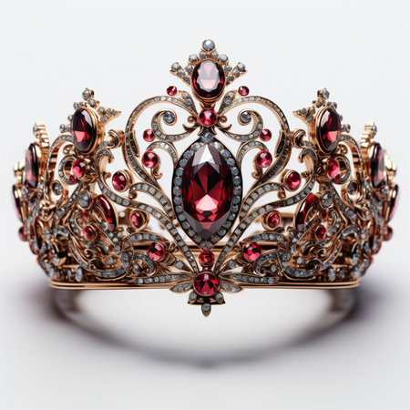 A lavish, gold-plated tiara adorned with deep red rubies and sparkling diamonds, showcasing intricate craftsmanship and royal elegance.の素材