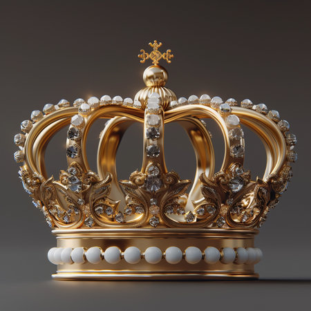 Crown with gems isolated on gray background. 3D rendering.の素材