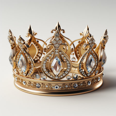 3d rendering golden crown with gems on a white background with shadowの素材
