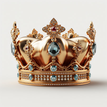 Golden crown with jewels isolated on white background. 3D rendering.の素材