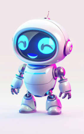 Cute little robot on white background. 3D rendering. Cartoon style.の素材