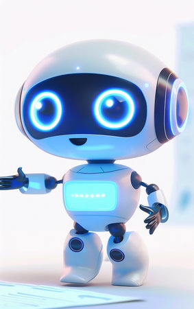 3d rendering of a cute robot working on a computer with a white backgroundの素材