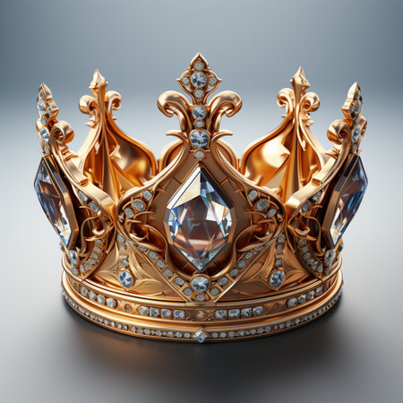 A luxurious, ornate golden crown encrusted with brilliant diamonds, symbolizing royalty and power. This detailed accessory gleams with exquisite craftsmanship.の素材