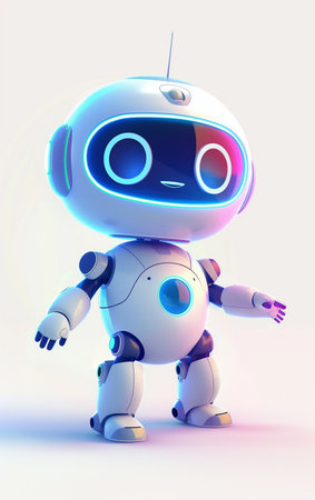 3D rendering of a cute robot on a white background with a blue glowの素材