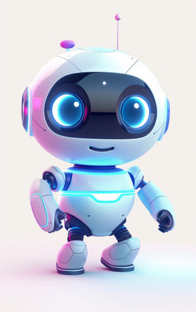 3d rendering of a cute robot with blue light on white backgroundの素材