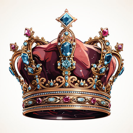 A detailed illustration of a regal golden crown adorned with sparkling blue and pink gemstones, set against a white background.の素材