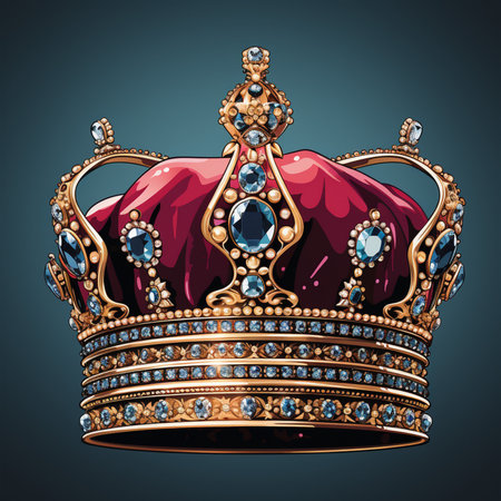 A detailed illustration of an ornate royal crown adorned with shimmering blue gemstones and intricate gold detailing against a dark background.の素材