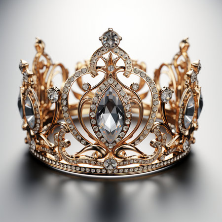 Golden crown with diamonds on a gray background. 3d illustration.の素材