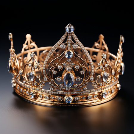 low key image of beautiful queen crown. gold crown on black backgroundの素材