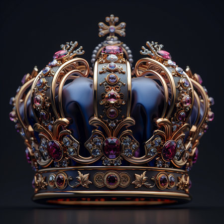 A luxurious, ornate royal crown featuring deep blue fabric, intricate gold detailing, and rich purple and clear gemstones, set against a dark background.の素材