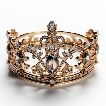 Golden crown with diamonds on a white background. Luxury jewelry.の素材