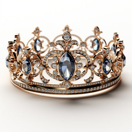 Gold crown with blue gems on a white background. 3d illustrationの素材