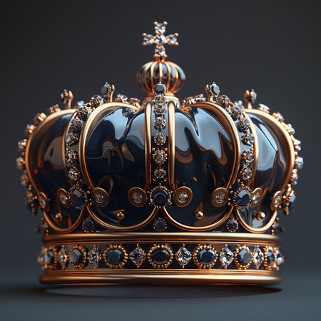 A luxurious and ornate royal crown, intricately crafted with gold and adorned with black gemstones and sparkling diamonds.の素材
