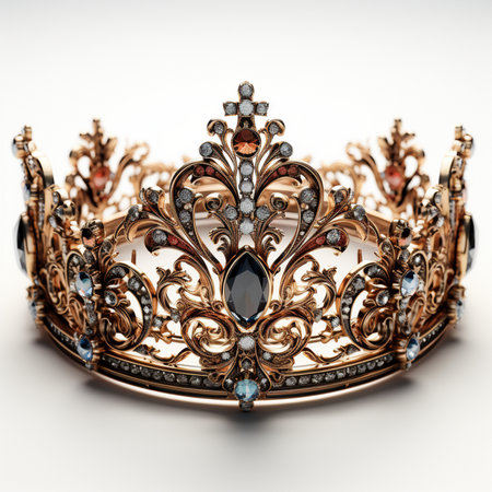 A luxurious golden crown adorned with various sparkling gemstones, set against a clean white background. This regal accessory exudes elegance and wealth.の素材