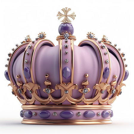 A regal crown featuring a purple dome, gold accents, and sparkling jewels. Detailed craftsmanship highlights its luxurious appeal.の素材
