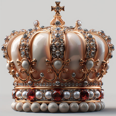 A majestic royal golden crown adorned with sparkling diamonds and lustrous pearls, exuding opulence and regality.の素材