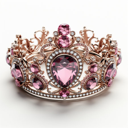 Elegant rose gold tiara adorned with sparkling pink gemstones and brilliant diamonds, perfect for royalty and luxury themes.の素材