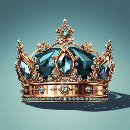 An ornate golden crown adorned with large blue faceted gems and smaller sparkling diamonds, casting a distinct shadow against a teal background.の素材